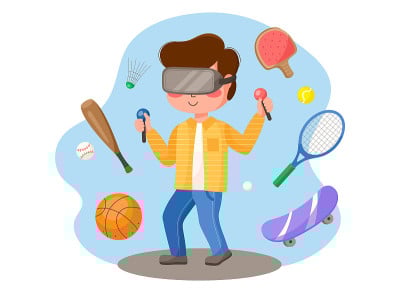 男孩玩运动模拟器与虚拟现实耳机。