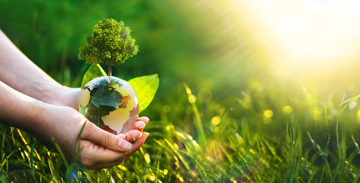 手握水晶地球和生长的树。环保日、环保、拯救清洁地球、生态理念、地球日横幅、植树节