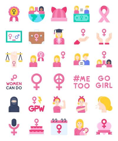 女权主义相关的平面图标设置，矢量插图