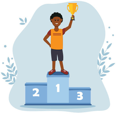 Male athlete on the podium in the first place hold