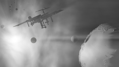 行星，国际空间站和宇宙雾中的太阳。三维演示