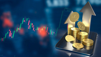油罐和金币在平板电脑上进行商业概念3d渲染