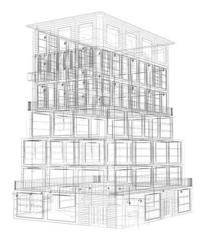 高度详细的建筑。线框显示