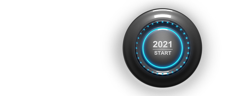 2021 -按开始按钮。新年的概念。3D插图