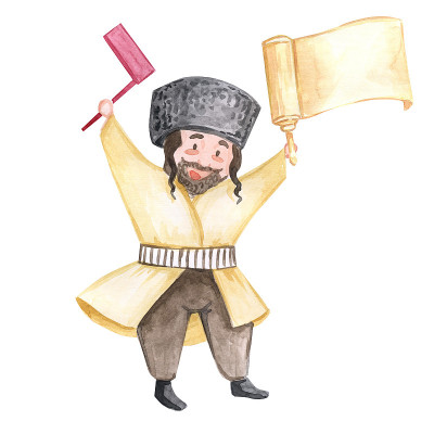 普林节假期。犹太节日。快乐的人庆祝。普里姆水彩插图画男人。