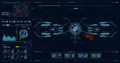 先进HUD控制中心。图形仪表板平视显示和未来的用户界面GUI, UI。优质黄麻。虚拟现实游戏屏幕界面
