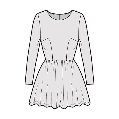 穿长袖技术时尚插图，合身的身体，迷你裙长。平服装方面