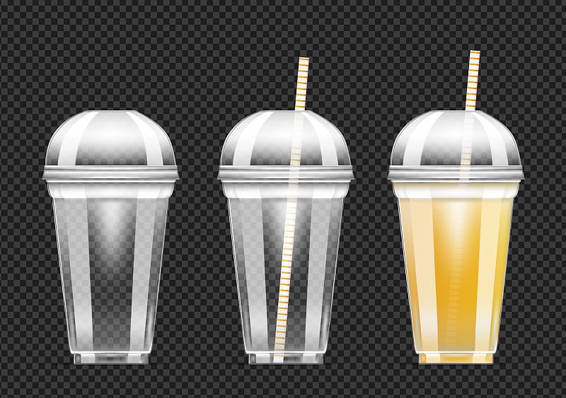 Disposable transparent plastic cup with orange jui