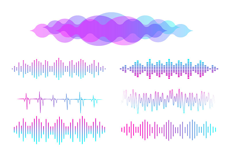 声波。五彩缤纷的音频均衡器。音频数字信号。语音声波。运动声波。音乐元素设计音频播放器。