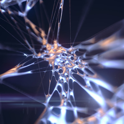 有机液态金属，现代3d渲染数字插图。闪亮的几何背景与景深