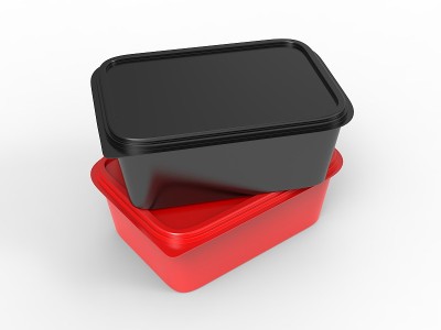 食物托盘与空白纸标签，3d渲染插图。