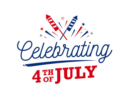 新潮的7月4日庆祝书法设计与鞭炮和星条旗，明信片问候在白色的背景。矢量插图。
