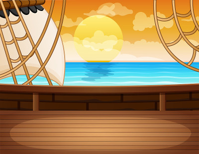 海盗船木制甲板上的海景
