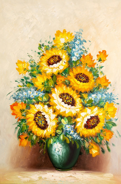 彩色向日葵花束花瓶油画