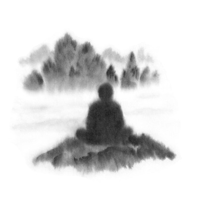 山里的冥想者。荷花姿势的人。墨水的图形。中式，日式，东方风格。Gohua, sumi，禅，冥想，自然