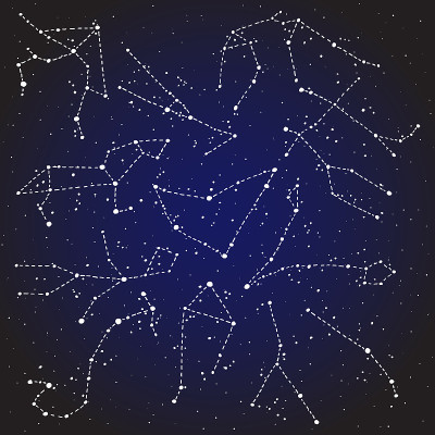 黄道星座手绘星座设置在夜晚的天空