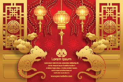 2020年中国新年鼠年，纸鼠人物，花和亚洲元素与工艺风格的背景。
(中文翻译:祝2020年鼠年新年快