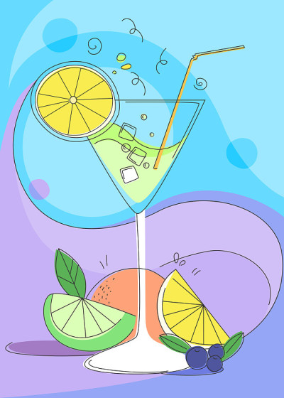 海报与鸡尾酒和柑橘水果。