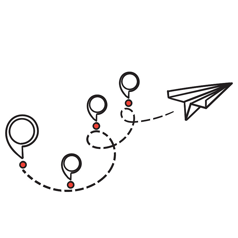 手绘涂鸦平面与地图大头针图标在路线说明