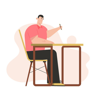 Screenwriter writes film script sitting at desk is