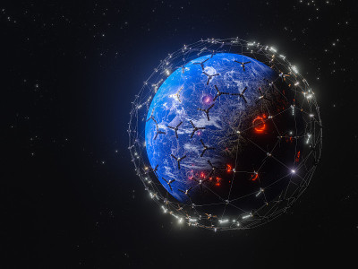 监视和研究太阳系外未知行星的卫星。美丽的抽象插图，行星在太空和闪亮的星星。有活火山的未知行星。库存图