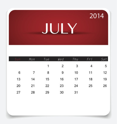 简单的2014年日历，7月。矢量插图。