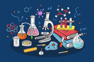 实验室概念，矢量插图。实验室化学研究，科学实验设备，试管，显微镜和烧杯。