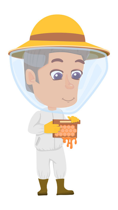 快乐的养蜂人。可爱的卡通养蜂人男孩和蜂巢