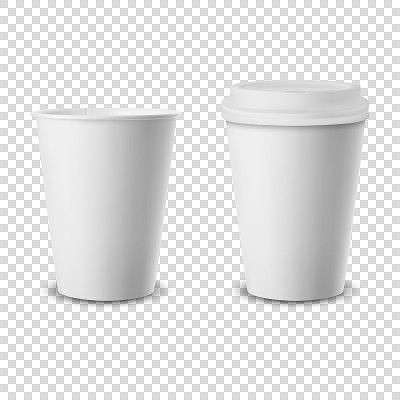 矢量3d现实一次性打开和关闭的盖子纸，塑料咖啡杯的饮料图标设置特写孤立在透明的背景。设计模板模型。前
