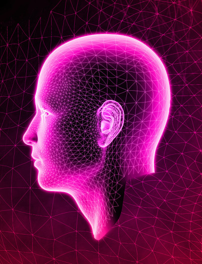 3D人头侧视图孤立在暗红色BG