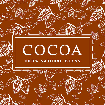 Cocoa beans with leaves on brown background. Seaml