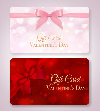 Gift card with red hearts on background and bow, p