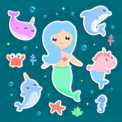 神奇的生物。独角鲸，独角兽美人鱼，海洋动物贴图矢量插图