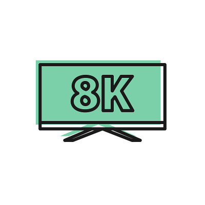 黑线屏幕电视与8k超高清视频技术图标隔离在白色背景。向量
