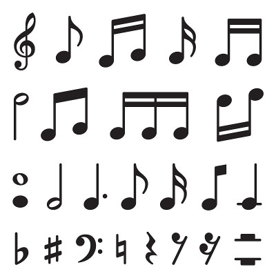 音乐的音符。音乐辛博尔。Musicnotes图标。黑色高音谱号、音符、升、自然、平、度、杠、五线谱等