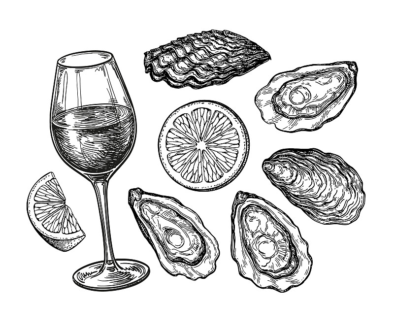 水墨画:酒杯与牡蛎。