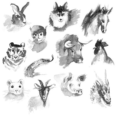 Sumi-e中国生肖动物。年度符号集合。