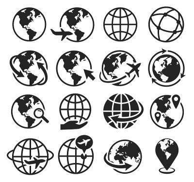 地球图标。国际交流，互联网，上网，乘飞机环游世界。地球世界地理符号轮廓向量集