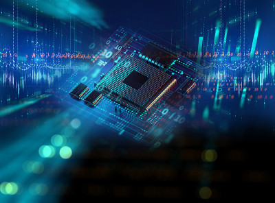 抽象未来的蓝色电路板和cpu的3d渲染