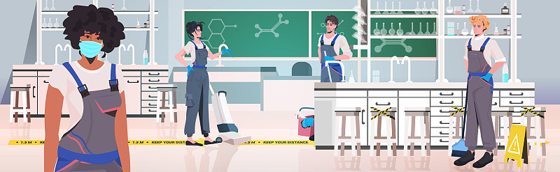 专业清洁工对学校化学教室进行清洁消毒冠状病毒隔离cpcept