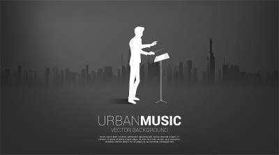 Vector silhouette of conductor standing with city 