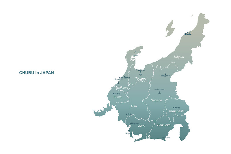 中部地图。日本区域矢量地图。