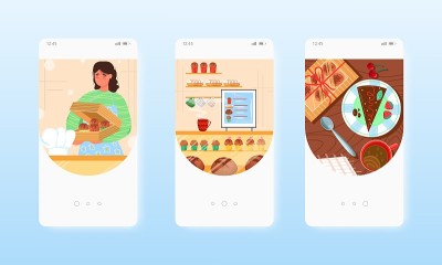 糕点师卖蛋糕，甜糕点。移动应用屏幕，矢量网站横幅模板。UI，网站设计。
