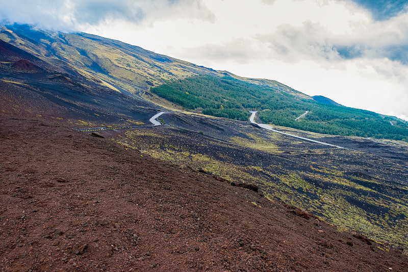 西西里岛的埃特纳国家公园景观。在火山中间的路。