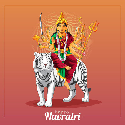 sharad navratri矢量问候卡与杜尔加女神和白虎