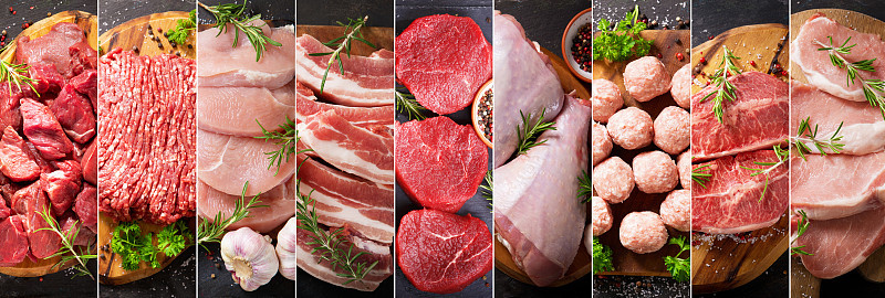 食物拼贴各种类型的鲜肉，俯视图