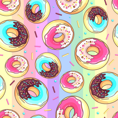 Seamless pattern with colorful sweet donuts. Junk 
