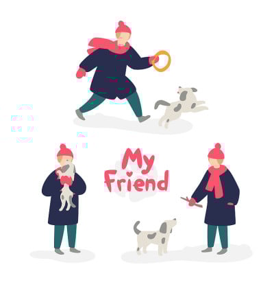 一个女孩和一只狗玩耍的插图。穿着大衣戴着帽子的少女，带着一只无家可归的灰色狗。平的卡通风格。我朋友的