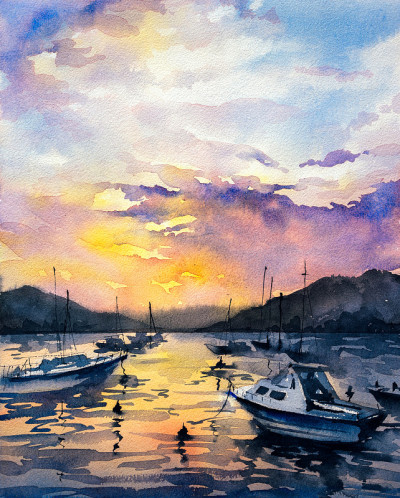 水彩画-黄昏中的船