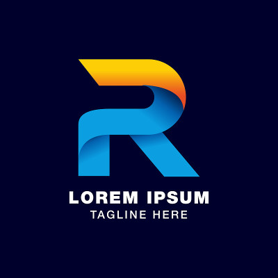 数字字母R图标符号模板在渐变风格。蓝色、黄色和橙色